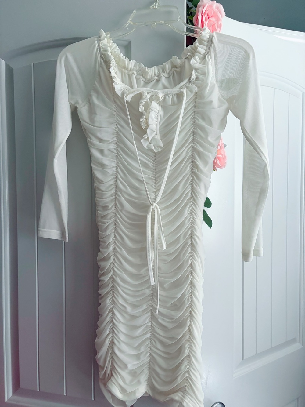 Fashion Nova White Ruched Long Sleeve Midi Dress